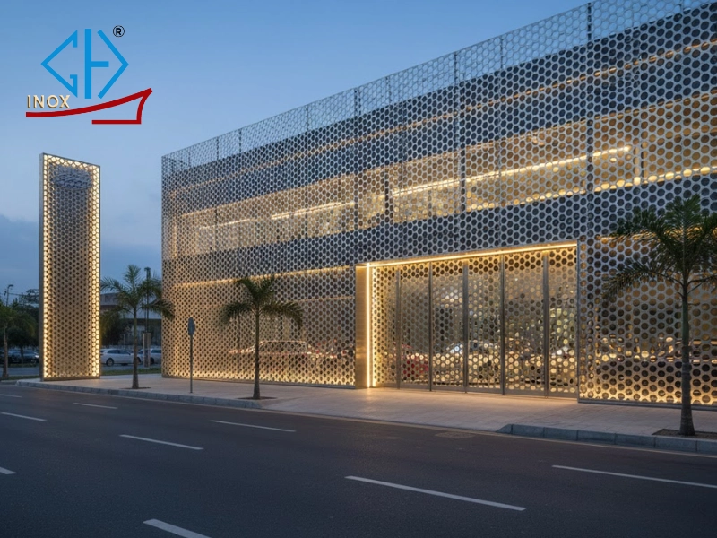 Tấm inox đục lỗ lục giác có thể sử dụng làm cổng rào, mặt tiền showroom, bảng hiệu quảng cáo,...