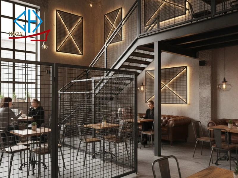 Lưới thép có thể được sử dụng làm rào lan can, cầu thang trong các quán cafe