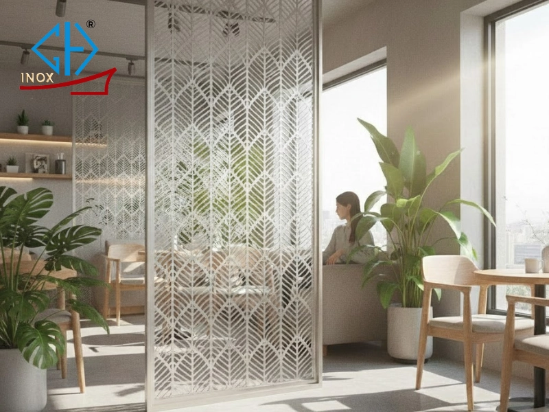 Tấm inox đục lỗ hoa văn làm vách ngăn nội thất