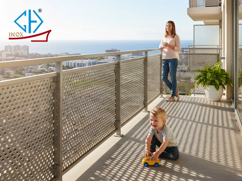 Lan can ban công làm từ vách ngăn Inox đục lỗ