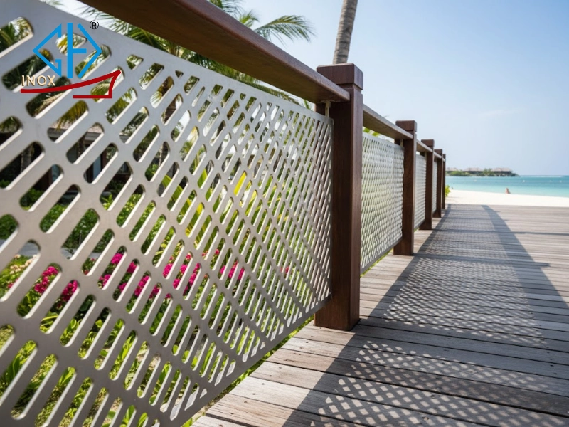 Tại khu nghỉ dưỡng ven biển thường sử dụng tấm inox đục lỗ elip để làm hàng rào bảo vệ