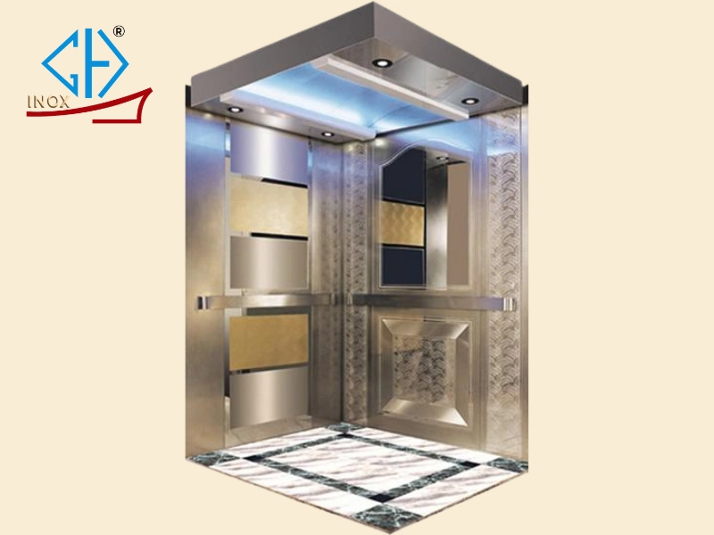 Cabin inox thang máy vàng hoa văn ô vuông