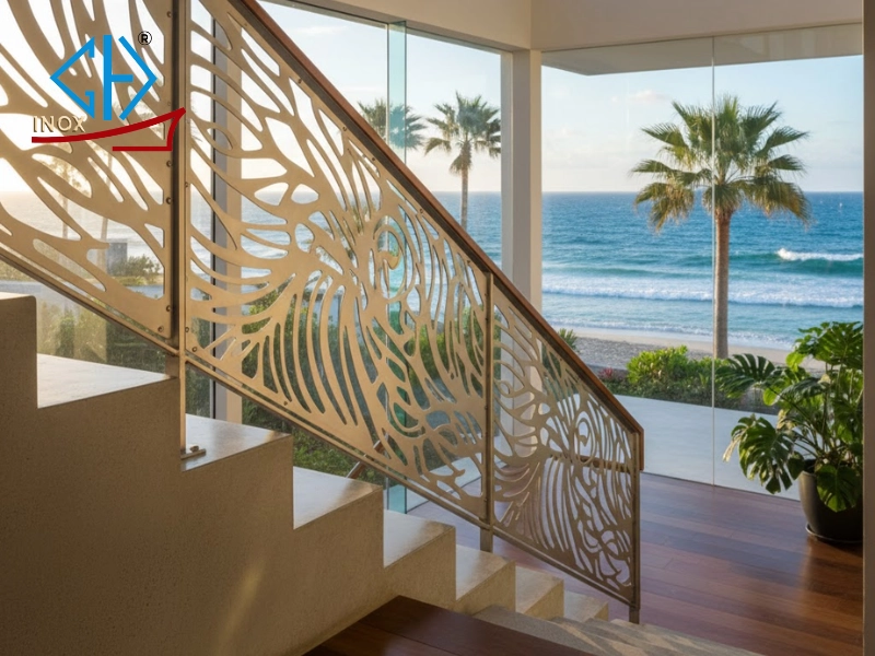 Inox đục lỗ hoa văn là lựa chọn an toàn, thẩm mỹ cho lan can và cầu thang