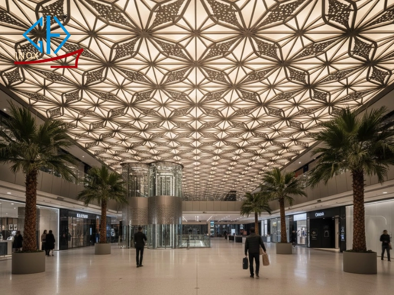 Hệ thống trần xuyên sáng inox đục lỗ ứng dụng trong các trung tâm thương mại, sảnh lớn,...
