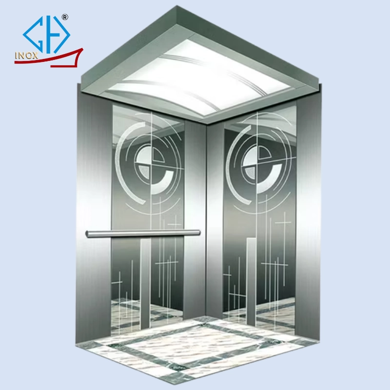 Mẫu cửa thang máy inox gương hoa văn bán nguyệt tạo vẻ đẹp mềm mại cho công trình sang trọng 