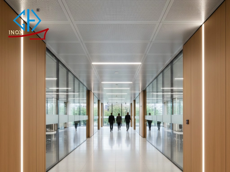 Trần inox đục lỗ ứng dụng trong hành lang tòa nhà văn phòng