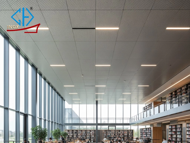 Trần inox đục lỗ ứng dụng trong thư viện