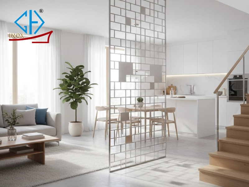 Sử dụng vách ngăn Inox với họa tiết hình học đơn giản tại phòng khách