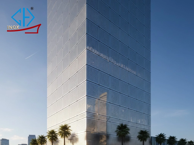 Tấm inox đục lỗ vuông được sử dụng để ốp mặt tiền tòa nhà