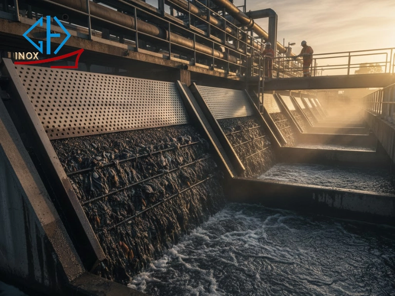 Tấm inox đục lỗ vuông được dùng làm lưới lọc trong các hệ thống xử lý nước thải