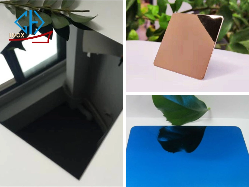 Tấm inox gương ốp tường màu đen, hồng, xanh