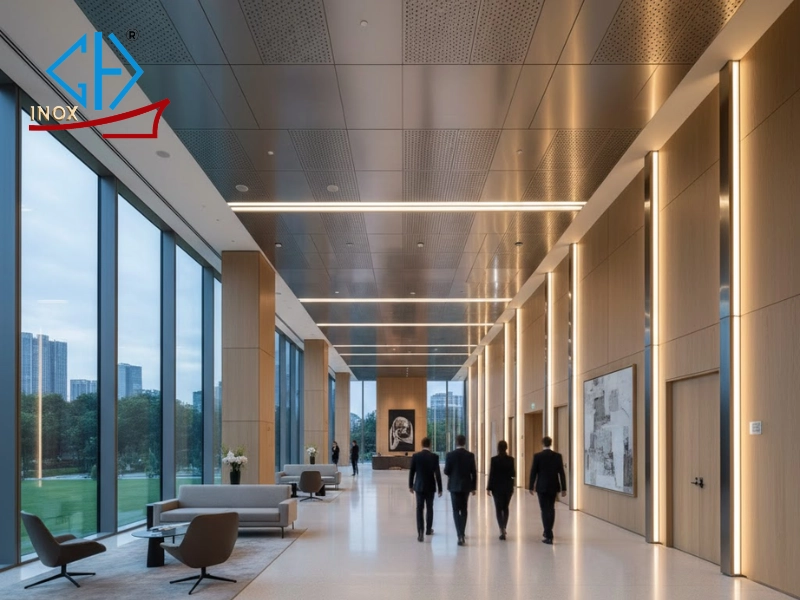 Trần inox đục lỗ trong các tòa nhà văn phòng hạng A