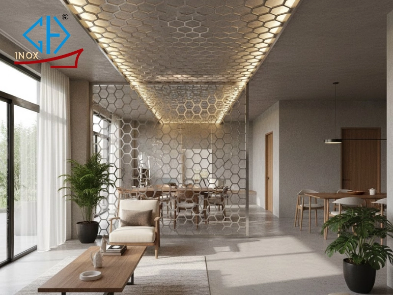 Tấm inox đục lỗ lục giác có thể được sử dụng để tạo ra các vách ngăn không gian